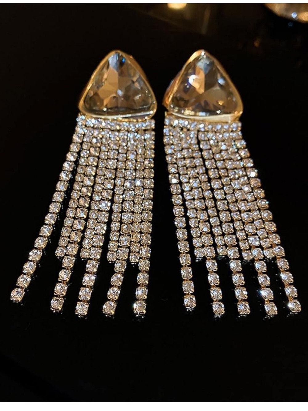 NEW Geometric Triangle Rhinestone Tassel Rhinestone Chain Earrings - Picture 3 of 3